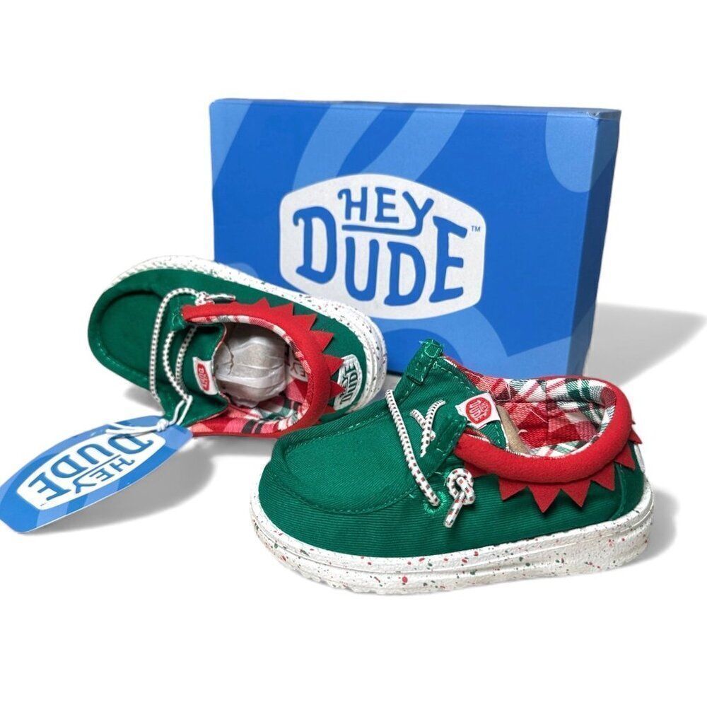 Hey Dude Wally T Holiday Elf Toddler Shoes C8 Green Red Christmas Slip On Lightw